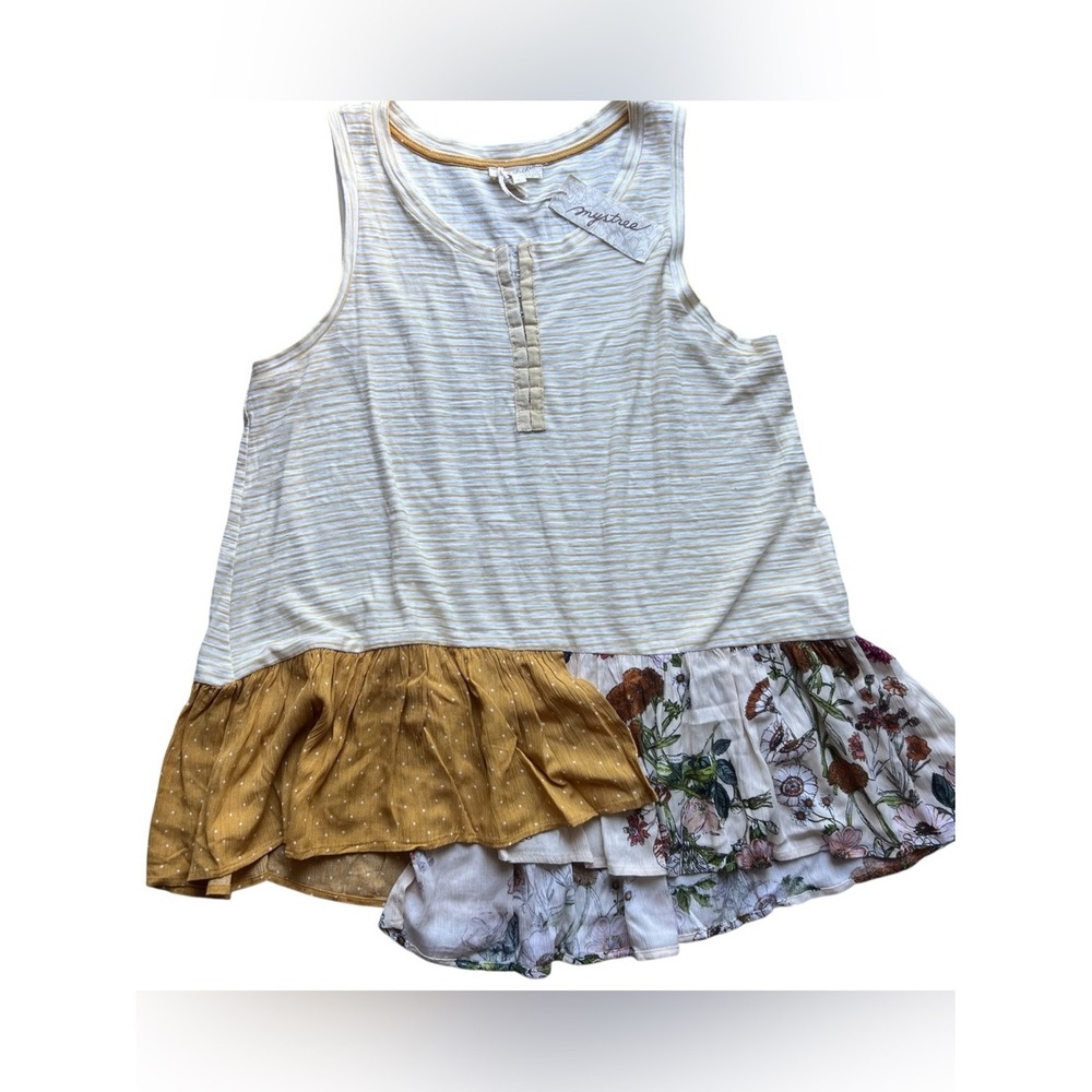 Mystree Boho Floral Patchwork Tank Top Yellow Cream Striped Babydoll Large NWT
